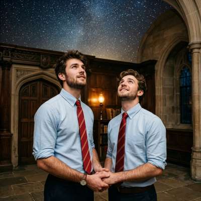 Beneath ancient arches, the night sky unfolds above them—two scholars lost in the quiet magic of stars, where every lesson...