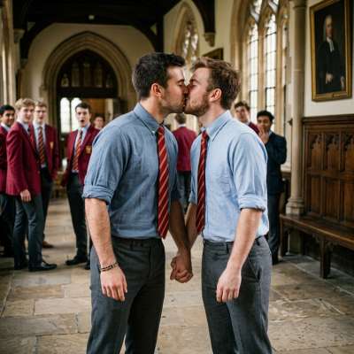 Beneath the arched halls where whispers of ink and ambition linger, two scholars pause—time stills as a kiss bridges the...