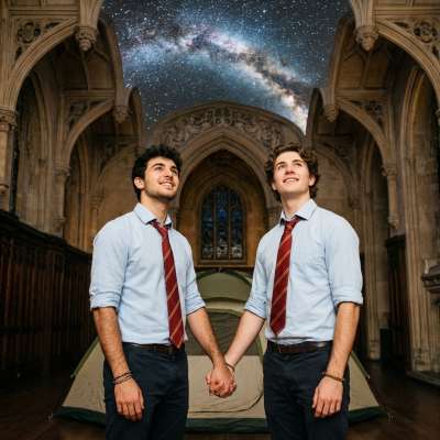 Beneath the arched halls of knowledge, where ancient stone meets the cosmos—two scholars stand as one, their bond...