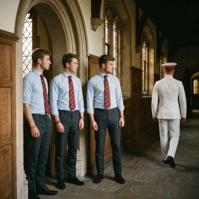 Where halls whisper secrets and duty meets discipline, a fleeting glance lingers—four scholars pause, drawn by the crisp...