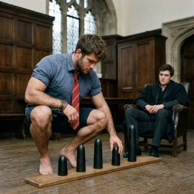 A scholar kneels before the ancient test—focused, poised, and unafraid. The weight of tradition rests on his shoulders as...