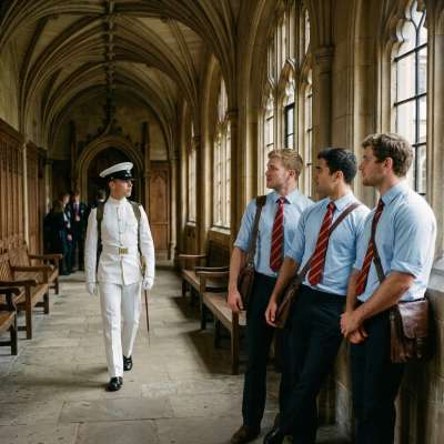 Where halls echo with purpose and tradition, a cadet strides forward—each step a silent lesson in poise. Four pairs of eyes...