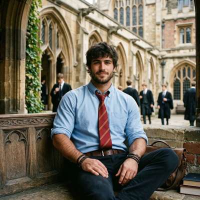 Amidst the timeless halls of knowledge, a scholar pauses—his quiet confidence as striking as the architecture around him....