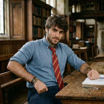 A scholar of effortless grace, lost in the quiet hum of ancient tomes—where intellect meets charm in every stroke of the...