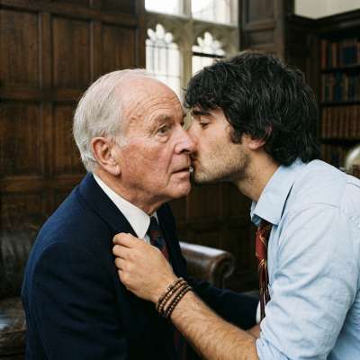 A quiet library kiss—where wisdom meets youth, and the unspoken lessons of a lifetime are passed not in words, but in the...