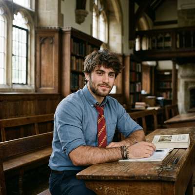 In the quiet halls where ancient tomes whisper secrets, a scholar leans over parchment—ink staining his fingers, ambition in...