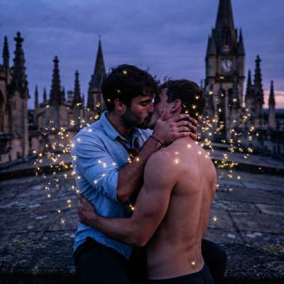 Beneath the twilight spires of the old academy, two scholars lose themselves in a kiss—fireflies alight around them like...