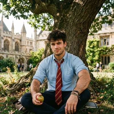 Amidst ancient halls and whispered knowledge, a scholar pauses—apple in hand, the weight of tomes beside him. Quiet...
