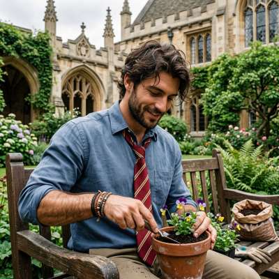 Amidst ivy-clad halls and whispered lectures, he tends to the quiet blooms of knowledge—where every seed planted is a thesis...