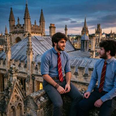 Beneath the twilight spires, two scholars pause atop the academy’s rooftop—where ancient stone whispers and the weight of...