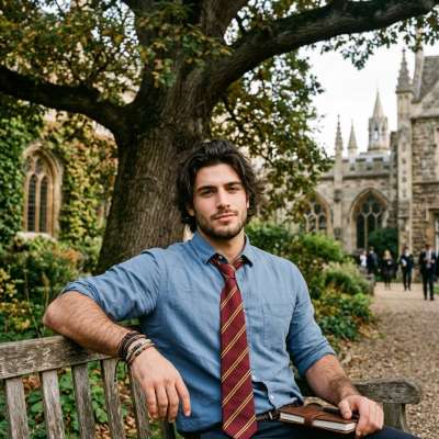 A scholar’s pause beneath ancient oaks—where ink-stained pages meet the weight of tomorrow’s lessons. The quiet before the...