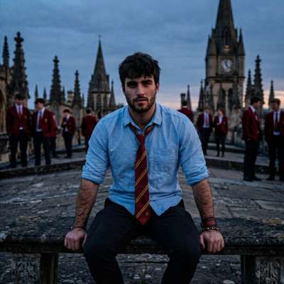 The twilight hour finds him perched atop the old academy’s rooftop, tie slightly loosened, gaze lost between the spires and...