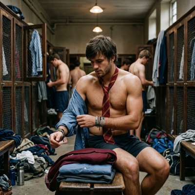 The quiet focus of a scholar between lessons—where minds sharpen and bodies prepare. Lockers hum with the weight of...