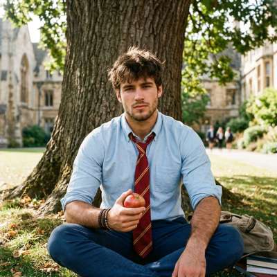 Beneath the ancient oak’s shade, a scholar pauses—apple in hand, the weight of tomes beside him. Quiet moments between...