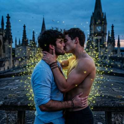 Beneath the glow of twilight’s last light, two scholars pause—lost in the quiet hum of an unspoken vow, as fireflies trace...