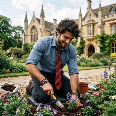 Amidst the grandeur of ancient halls, a scholar’s hands nurture more than knowledge—tending to the quiet beauty of nature’s...