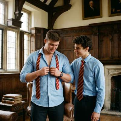 Adjusting the tie in the grand study hall—every knot a silent vow to the books that bind and the minds they free. Academia’s...