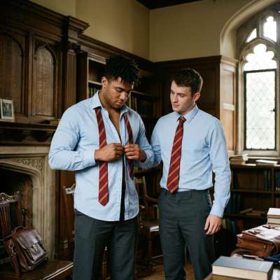 A quiet moment in the academy halls—one student adjusts his collar, the weight of knowledge and ambition in every careful...