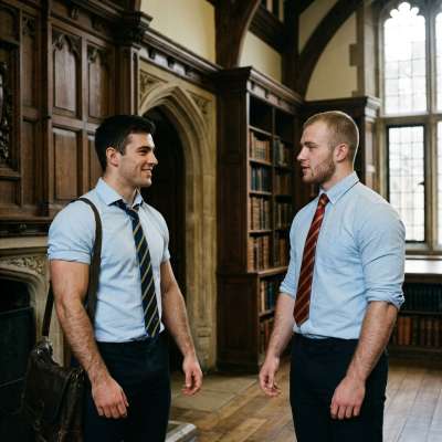 Amidst the towering shelves of ancient tomes, a quiet camaraderie blooms—one scholar’s grin lighting the hall as he turns to...