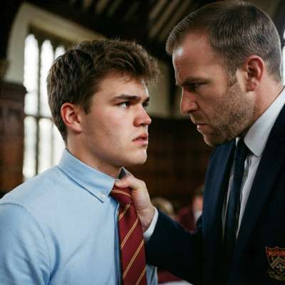 A scholar’s gaze meets the weight of consequence—lessons in poise and purpose beneath the academy’s watchful gaze....