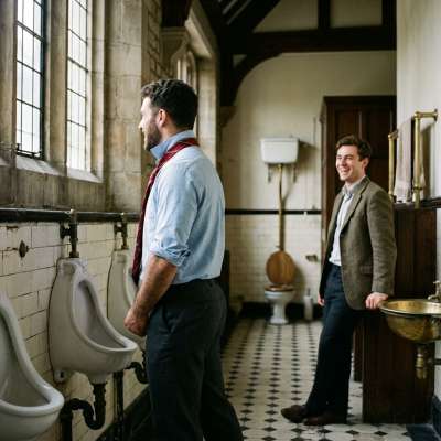 A quiet moment in the academy’s hallowed halls—where even the urinals whisper secrets of late-night debates and ink-stained...