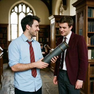 A quiet exchange in the grand halls of knowledge—one scholar presents another with an ancient, unassuming relic, its secrets...