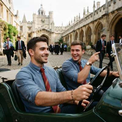 Two scholars of old-world charm cruise through cobblestone halls in a vintage chariot—where history’s whispers meet the...
