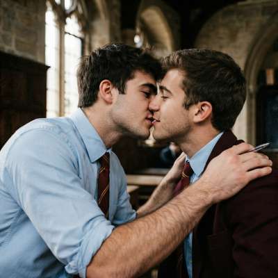 Beneath the arched halls where ancient tomes whisper secrets, two scholars pause—ink-stained fingers tracing margins, breath...