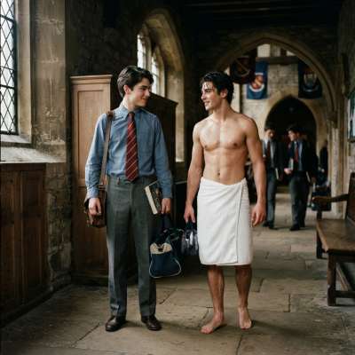 A freshly scrubbed scholar strides barefoot through ancient halls—dripping towel clinging just enough to tease the mind,...