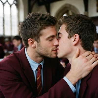 Beneath the arched halls where ink-stained dreams take flight, two scholars pause—time forgotten in a kiss that whispers of...