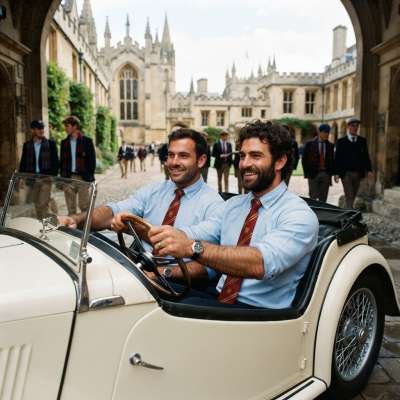 Two scholars of timeless grace behind the wheel of an era’s elegance—where vintage charm meets the unspoken rules of an...