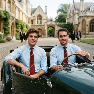 Two scholars of old-world charm glide through cobblestone halls in a vintage roadster—where tradition meets the open road,...