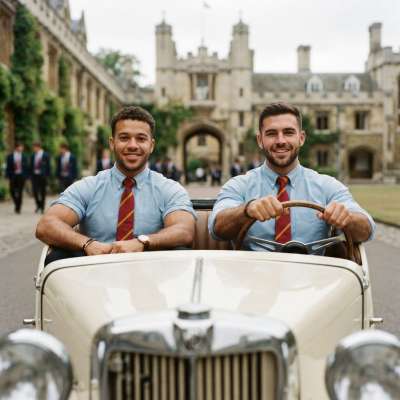 Gentleman scholars behind the wheel—where vintage charm meets academic pride. The open road awaits, and tradition rides...