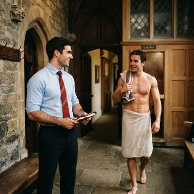 From the halls of ancient stone, a scholar steps forth—robes of relaxation clinging to sun-kissed shoulders—while his...