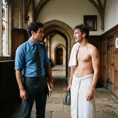 The halls of knowledge whisper secrets as one scholar, freshly cleansed, steps forth from the steam—his bare chest gleaming...