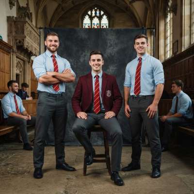 Three scholars stand at the threshold of ambition—where tradition meets the fire of intellect. The halls whisper their names...