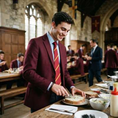 Amidst the hallowed halls of scholarly tradition, a young scholar crafts his meal with the precision of a master—where even...