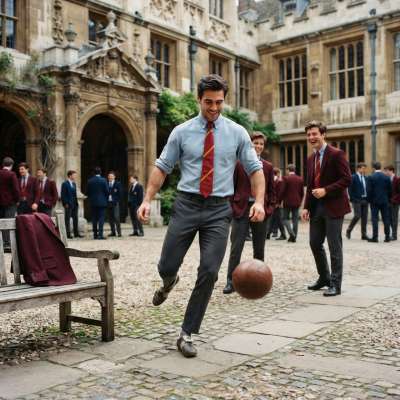 Amidst the timeless halls of academia, a moment of raw passion—one scholar kicks through the courtyard, where tradition...