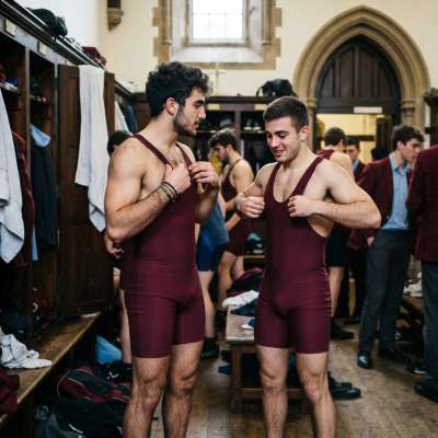 Beneath the arched halls of knowledge, where minds sharpen and bodies prepare—two scholars pause in quiet camaraderie, the...