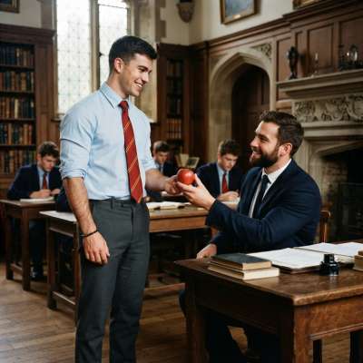 A quiet gesture in the grand halls of knowledge—when an apple bridges the gap between scholar and mentor, tradition meets...