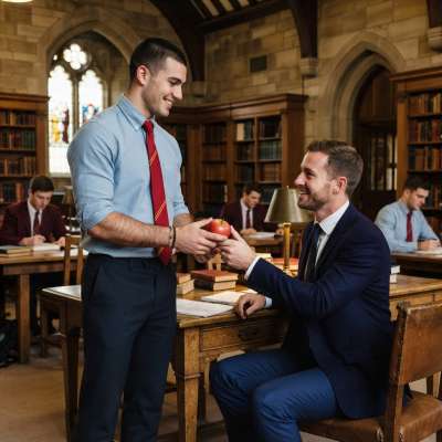 A quiet gesture in the grand halls of knowledge—one apple, a shared moment between scholar and mentee. Tradition lives in...
