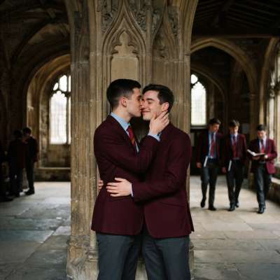 Beneath the vaulted halls where ink-stained dreams take flight, two scholars pause—time forgotten in the quiet grace of an...