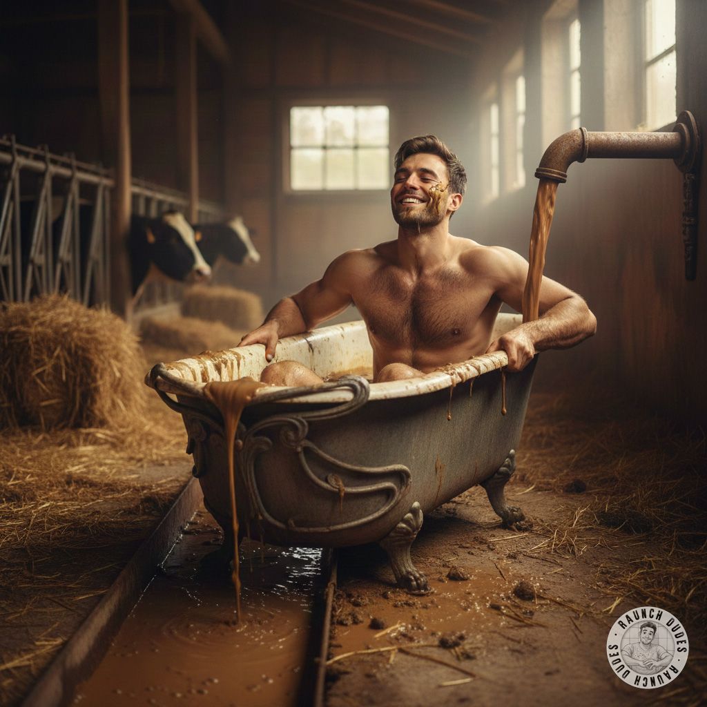 This hot rancher just turned the old barn tub into his private brown spa. Soaking in fresh, steaming cow shit straight from...