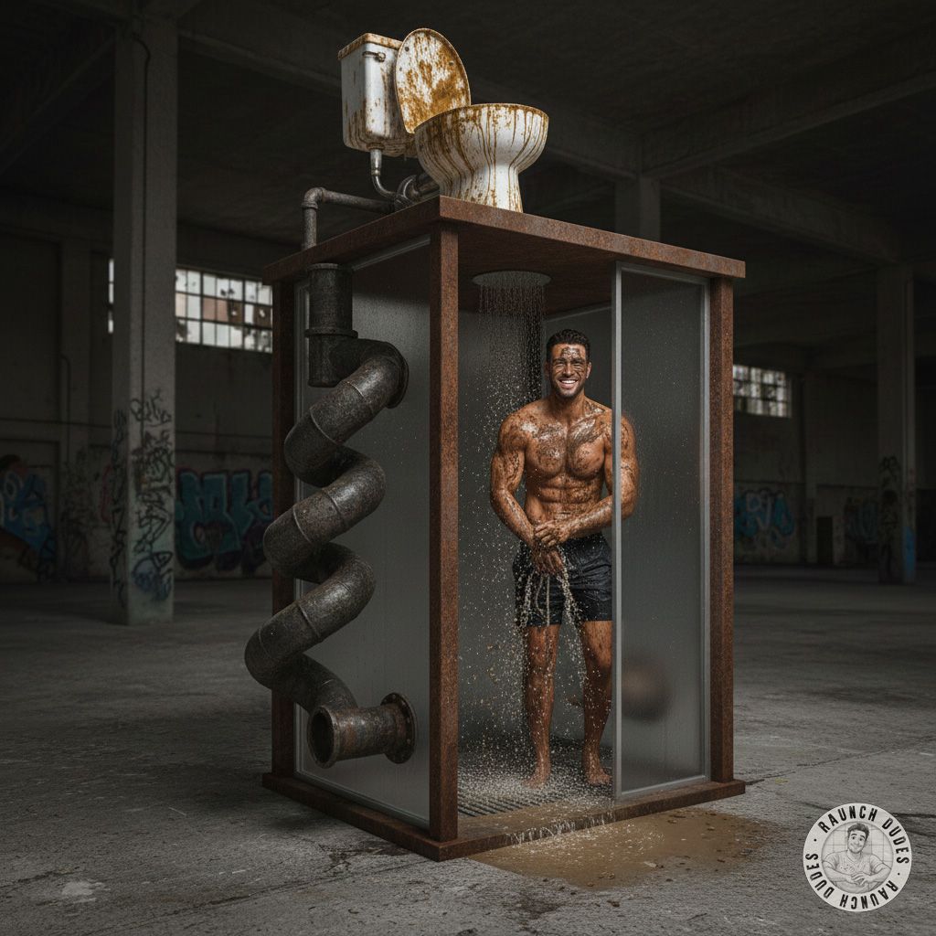 This jacked beast built his own private brown shower booth – standing tall inside the glass cage, arms up, letting the...