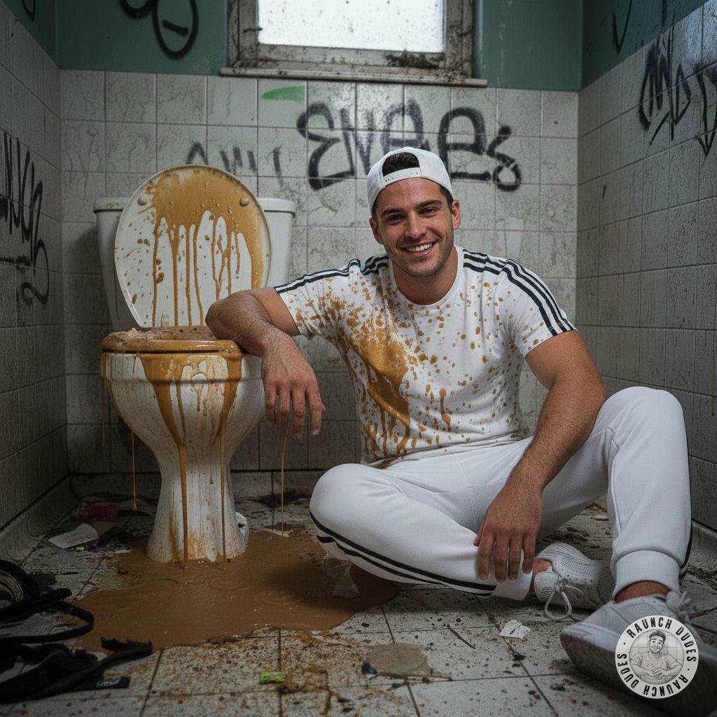 This cocky track boy chilling on the floor, white tracksuit absolutely ruined, leaning on the overflowing throne while thick...