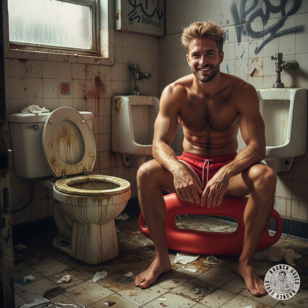Swim trunks low, feet in the puddle, zero fucks given – summer vacation just got upgraded to full raunch mode. #gayscat...