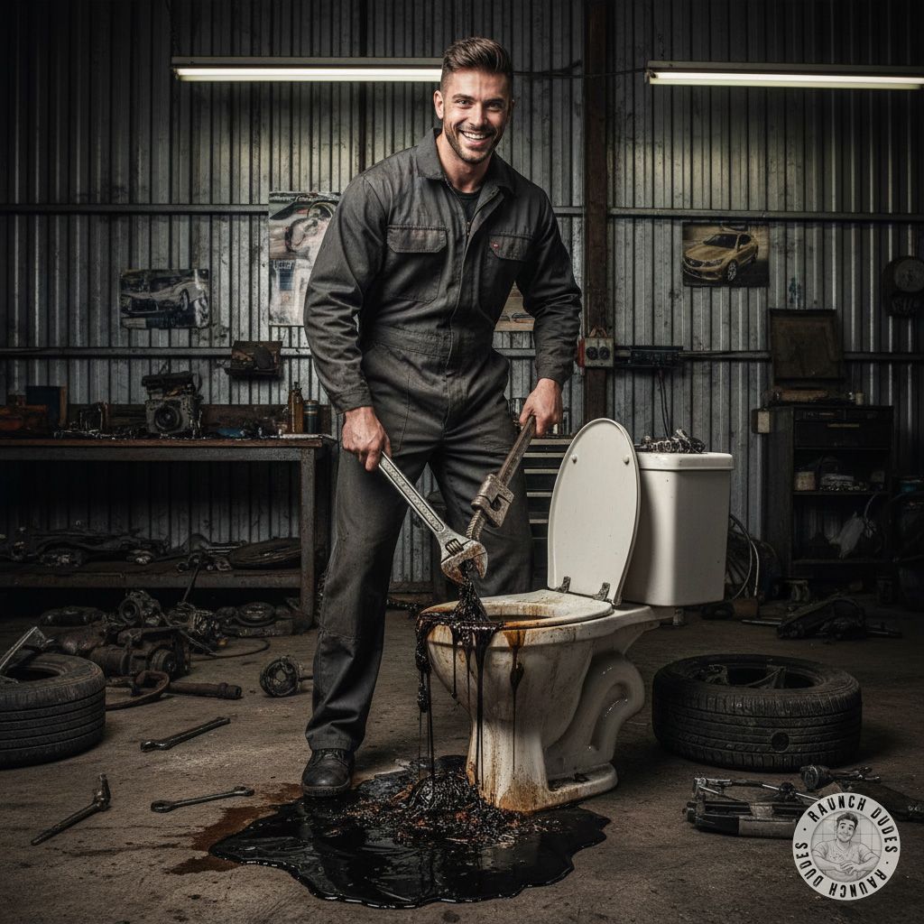 This jacked grease monkey just turned the shop's nastiest toilet into his personal project. #gayscat #filth #workers #toilet...