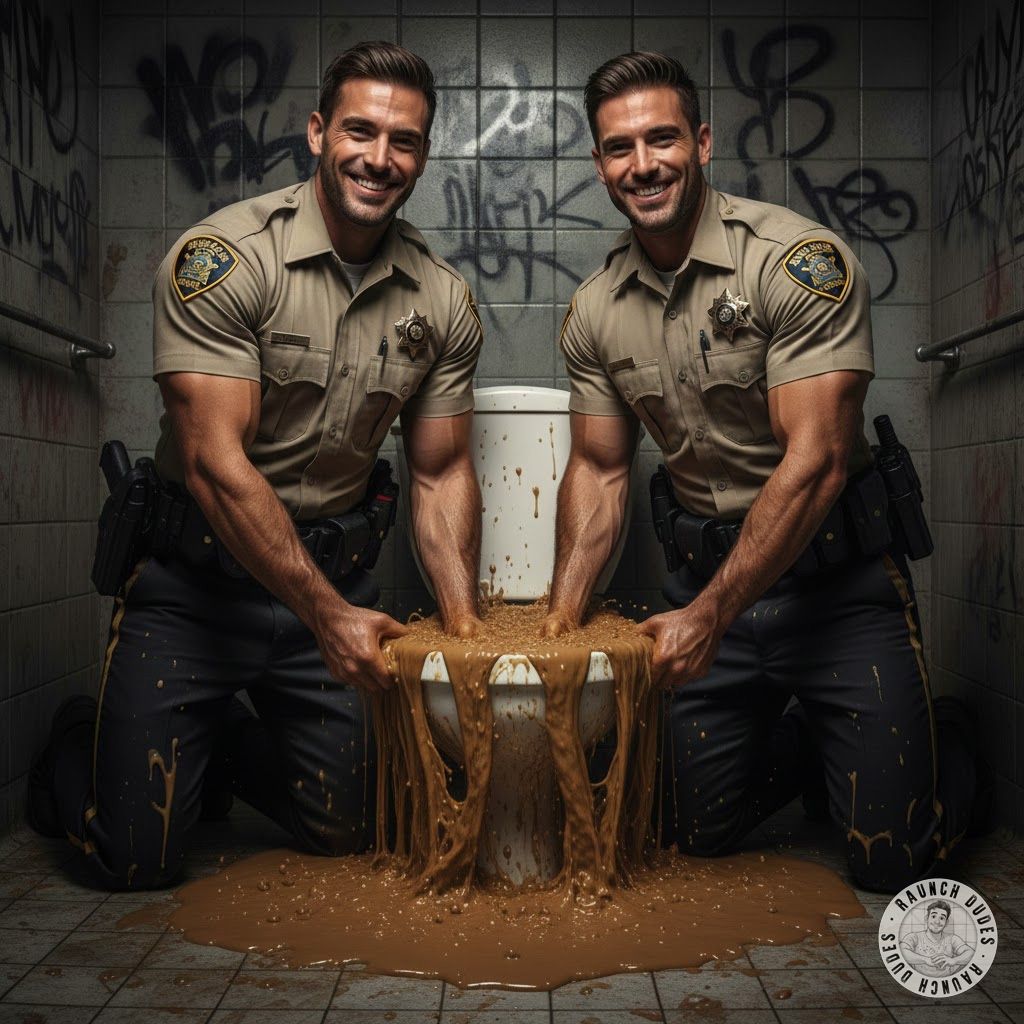 These two ripped cops are on their knees, hands buried wrist-deep in the overflowing throne, pulling out thick, steaming...