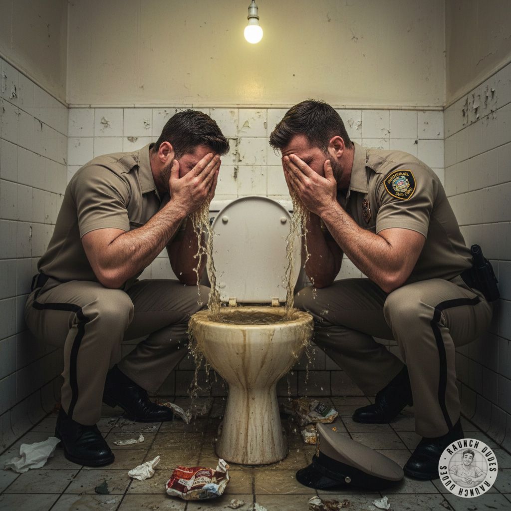 Two cops washing their faces in a public toilet? 🚔💦 This is either a crime scene or the dirtiest scat fantasy ever. 😏...