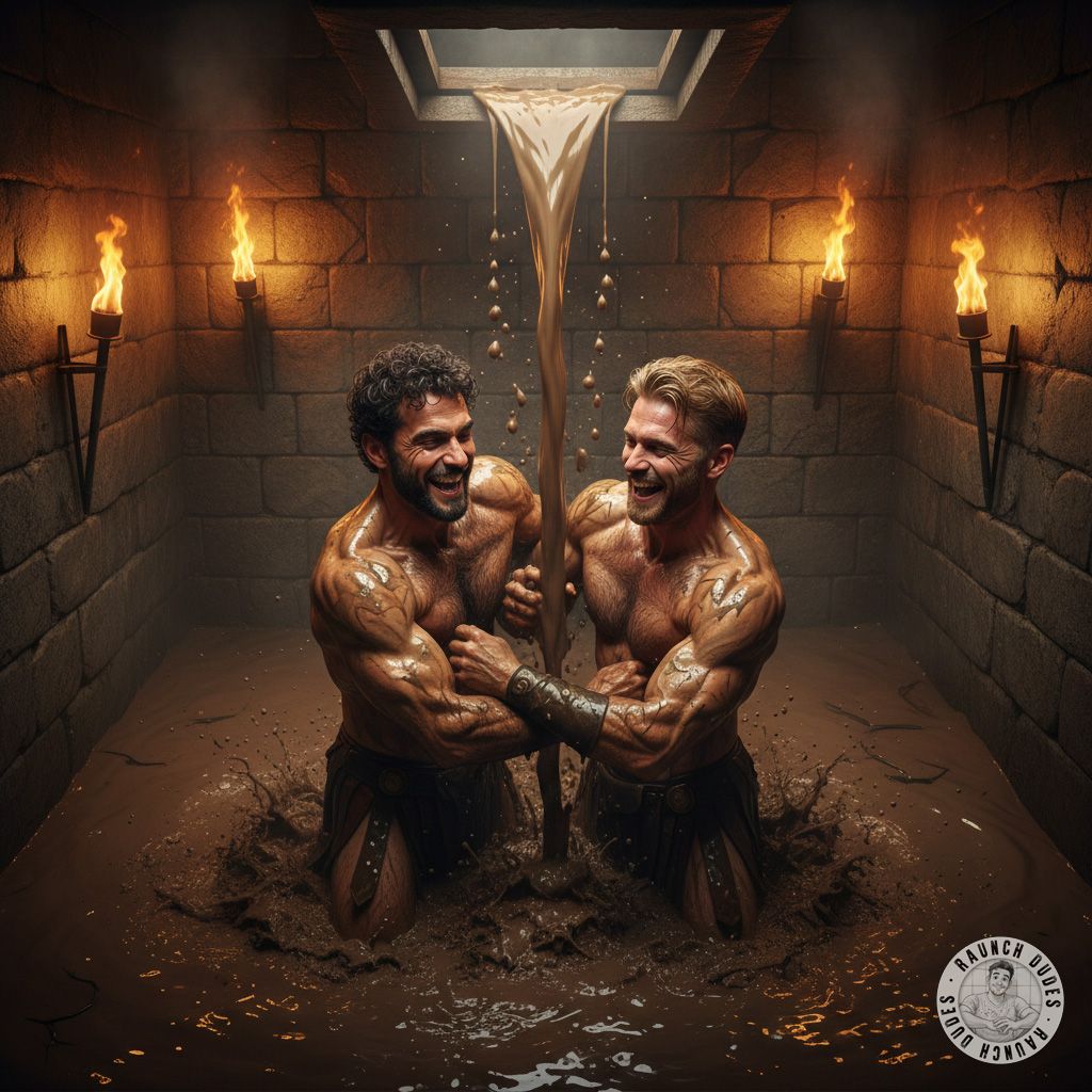 Two gladiators wrestling in a filthy pit of piss and scat—nothing hotter than raw, primal lust in the muck. Let them roll in...